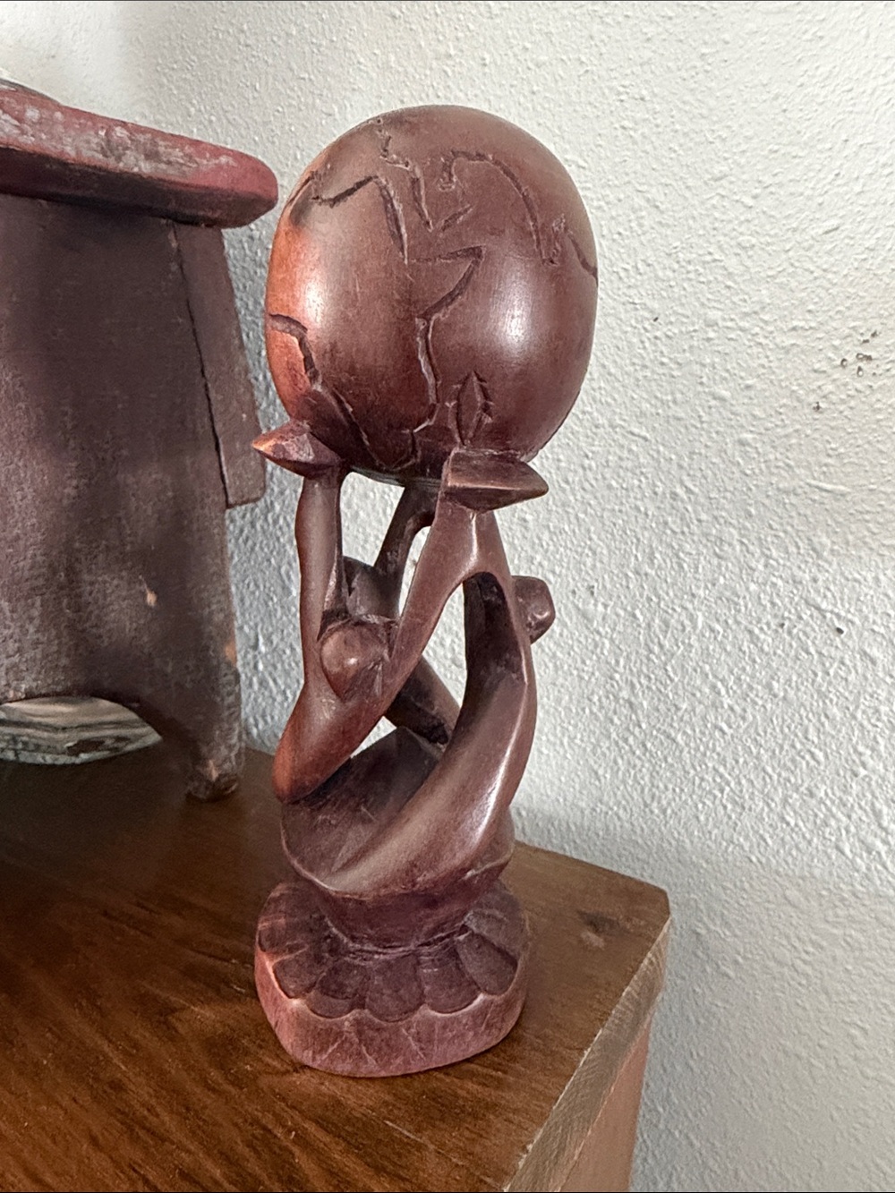 Hand-Carved Mahogany Brown Decorative Sculpture - Holding up the World-Home Art